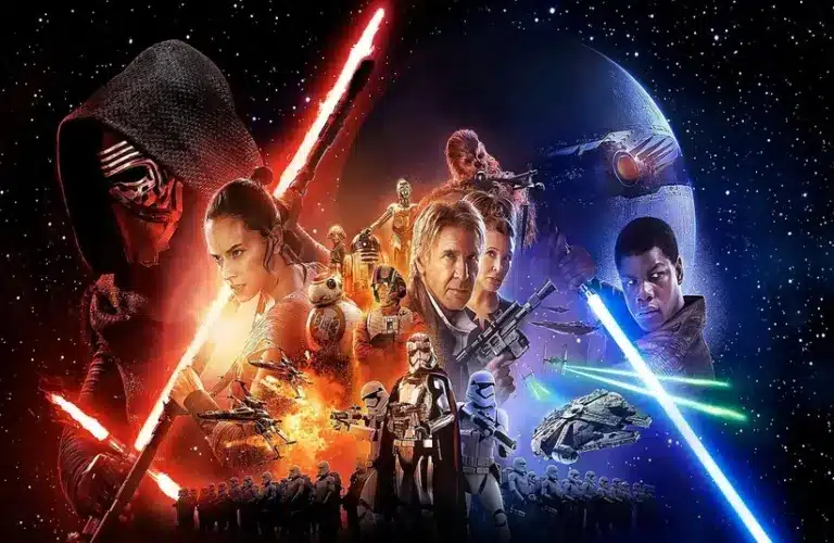 Collage of Star Wars The Force Awakens, characters with lightsabers, spaceships, and stormtroopers. The scene is set in space, conveying action and adventure.