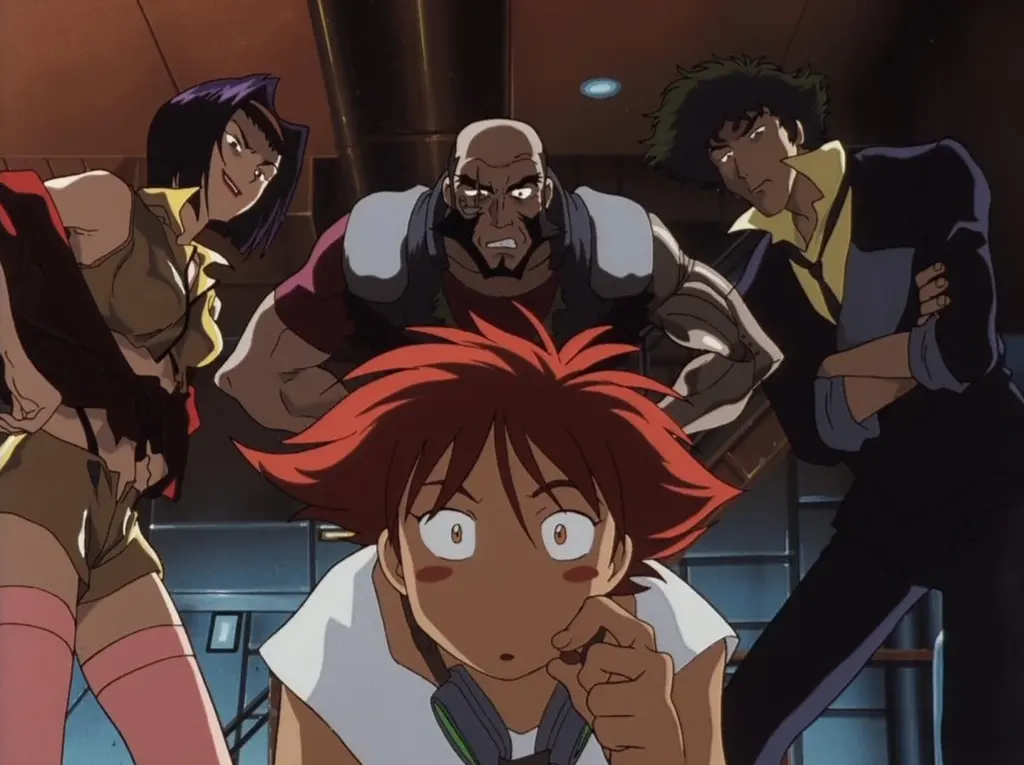 Four animated characters look down with intense expressions. A young person with red hair appears startled in the foreground, while the others lean in closely, conveying curiosity and tension.