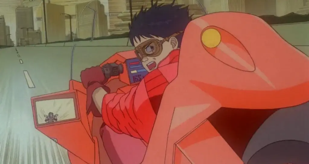 Animated scene of a young man in goggles riding a sleek, red motorcycle at high speed through a futuristic city, conveying excitement and intensity.