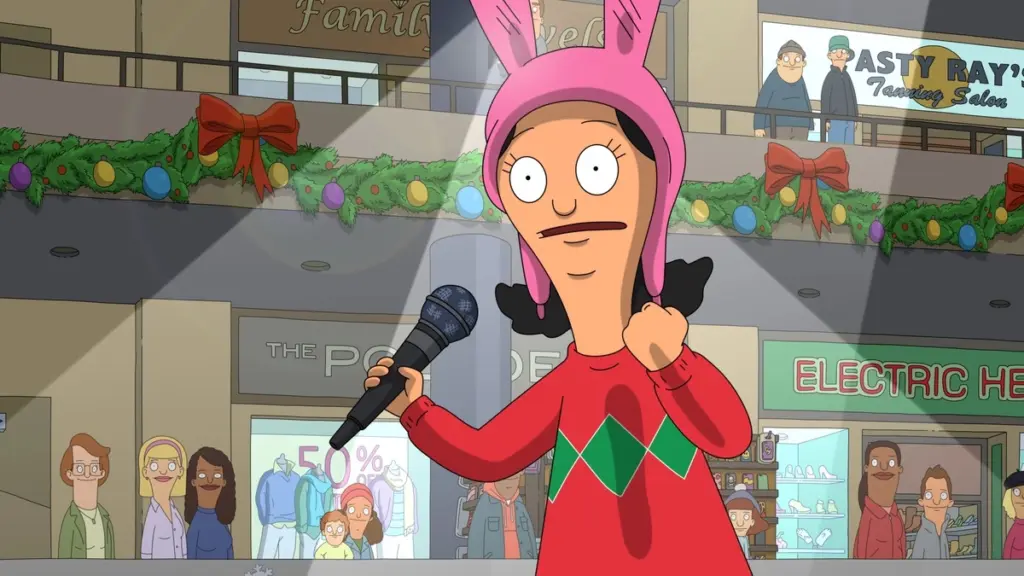 Animated girl with pink bunny ears, red sweater, and microphone stands in a festive mall with holiday garlands and shoppers, conveying excitement.