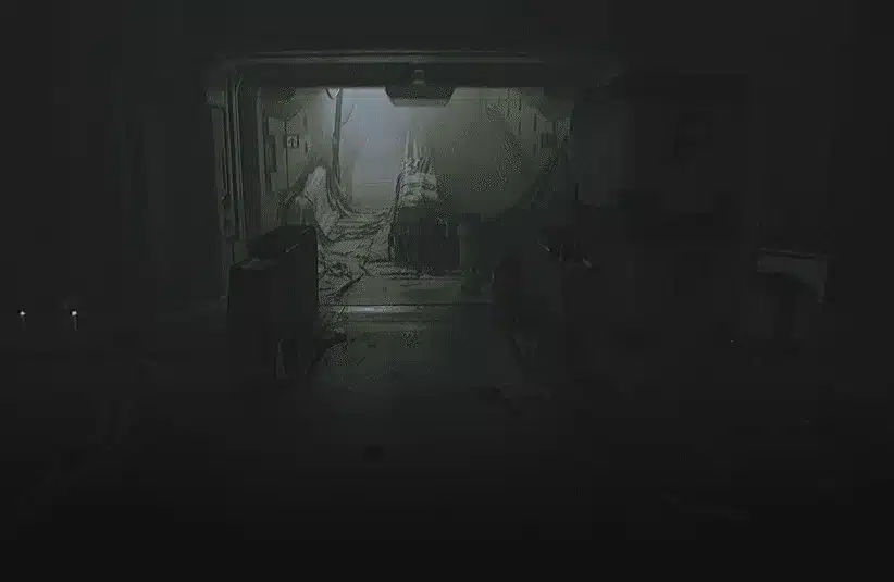 ROUTINE, 80s futuristic survival sci-fi horror, lo-fi analog style immersive gaming, atmospheric and stress inducing, desolate area with a stairwell