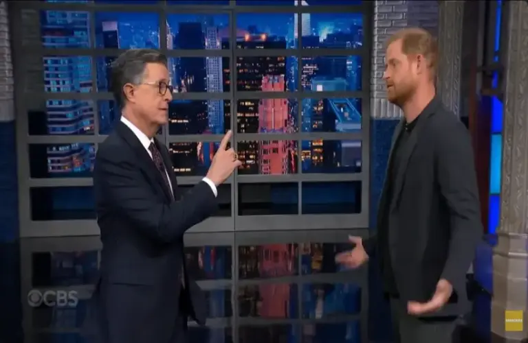 Prince Harry Nearly Kisses Stephen Colbert on "Late Show"