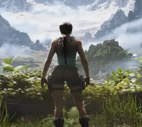 Lara Croft looking out to the vast jungle in the Legacy of Atlantis