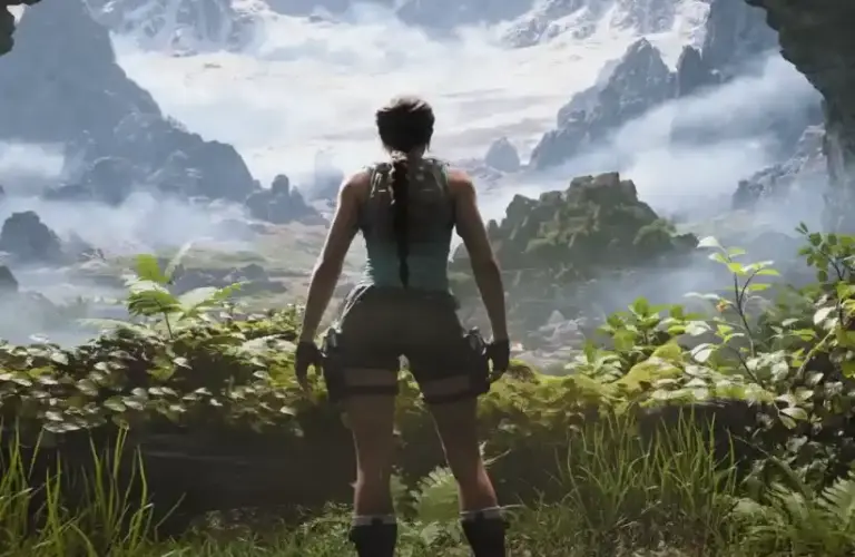 Lara Croft looking out to the vast jungle in the Legacy of Atlantis