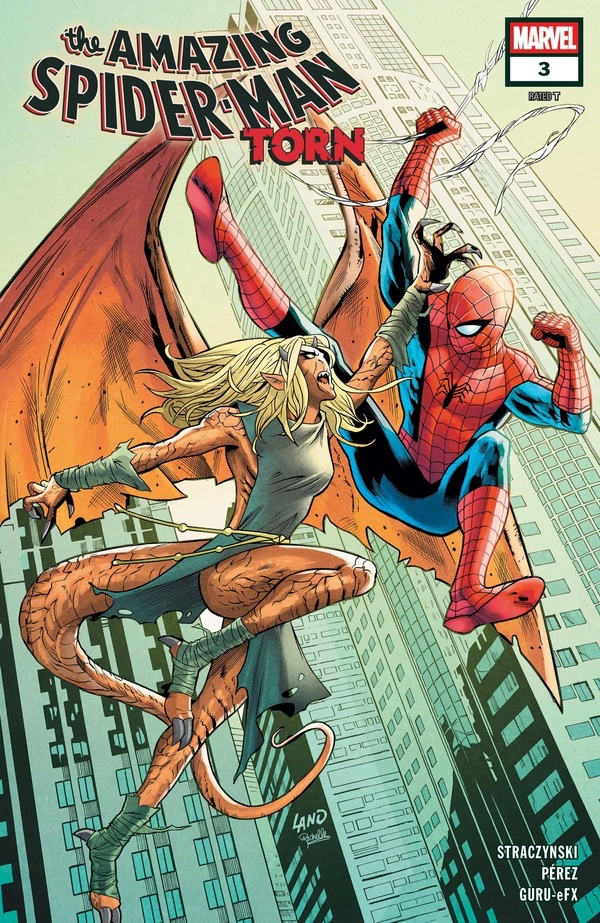 Comic cover of "The Amazing Spider-Man: Torn" shows Spider-Man mid-air, fighting a winged, lizard-like creature against a backdrop of skyscrapers. Dynamic action and tension dominate the scene.