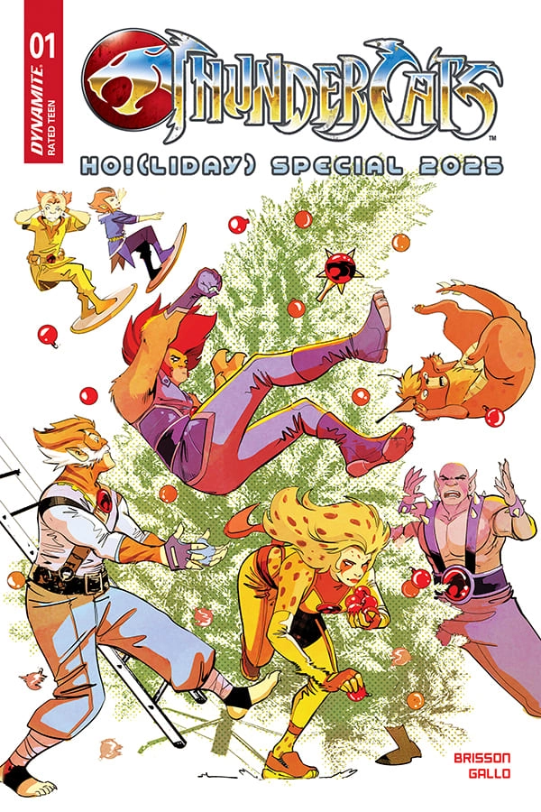 Comic cover of "Thundercats Holiday Special 2025" featuring dynamic action. Characters tumble around a Christmas tree, creating a playful, chaotic scene.