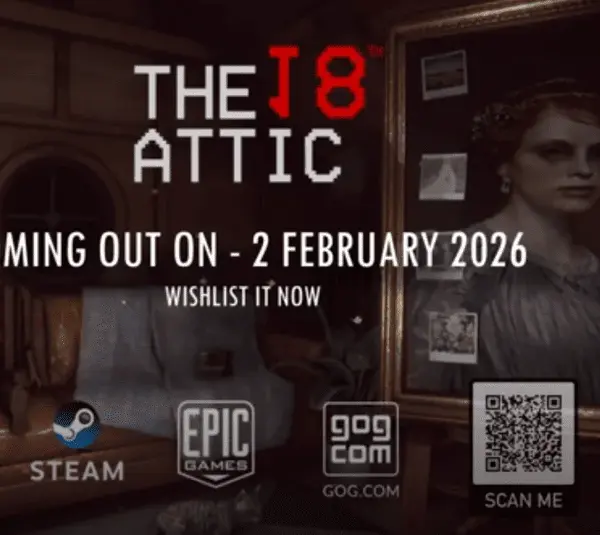 The 18th Attic, Steelkrill Studio, Feb. 2026 release, spot the anomalies to escape a haunted, time-looping attic, dark secrets, support animal, cat, polaroid camera