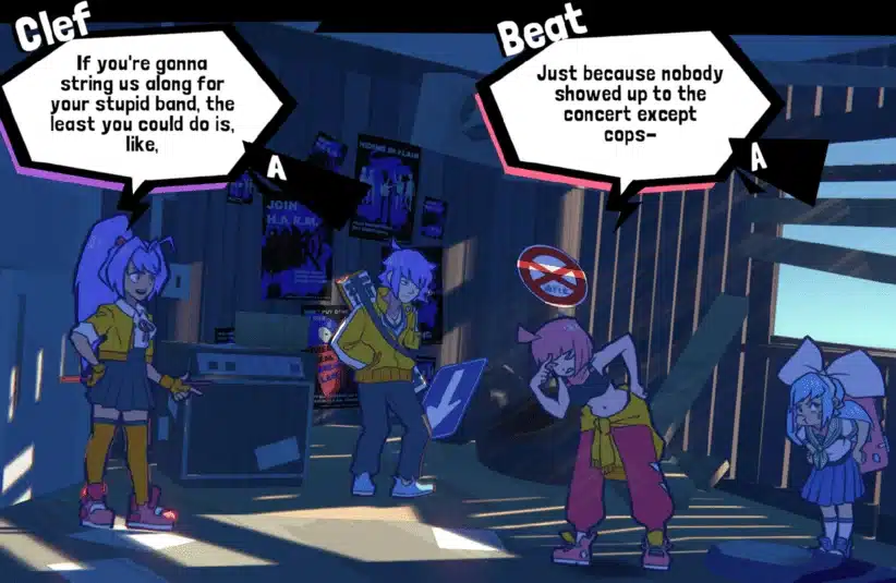 Unbeatable, 2D-3D mixed, anime-influenced game, music is illegal, play to rebel, action adventure, Beat and the band arguing