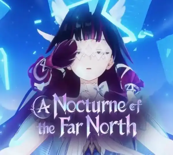 Genshin Impact character, Columbina from A Nocturne of the Far North, with dark hair and a white mask covering her eyes, surrounded by floating blue shards. Text reads "A Nocturne of the Far North."