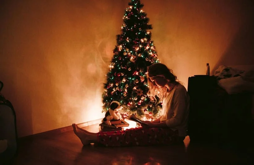 Reading Nook ideas, winter time, reading by a Christmas Tree for lighting, cozy and quiet