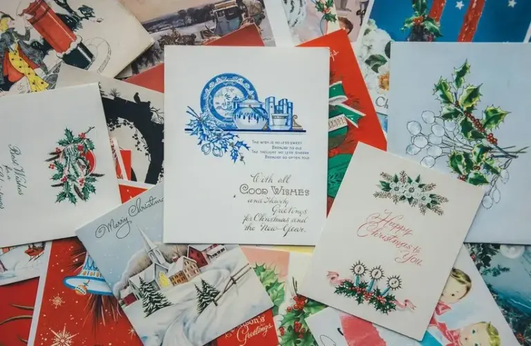 Pile of Christmas cards, greeting cards, holiday cards