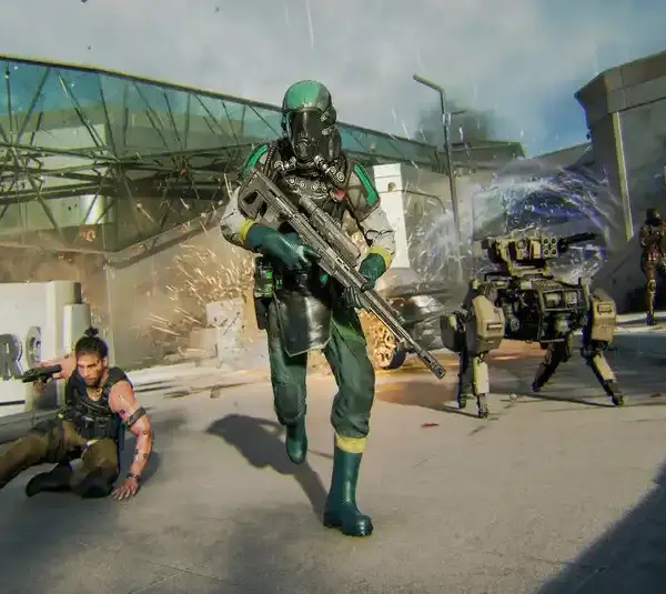 Call of Duty: Black Ops 7 multiplayer soldier wearing a green PPE suit with a rifle runs from an explosion, followed by a robotic dog. Another soldier takes cover. Intense action scene.