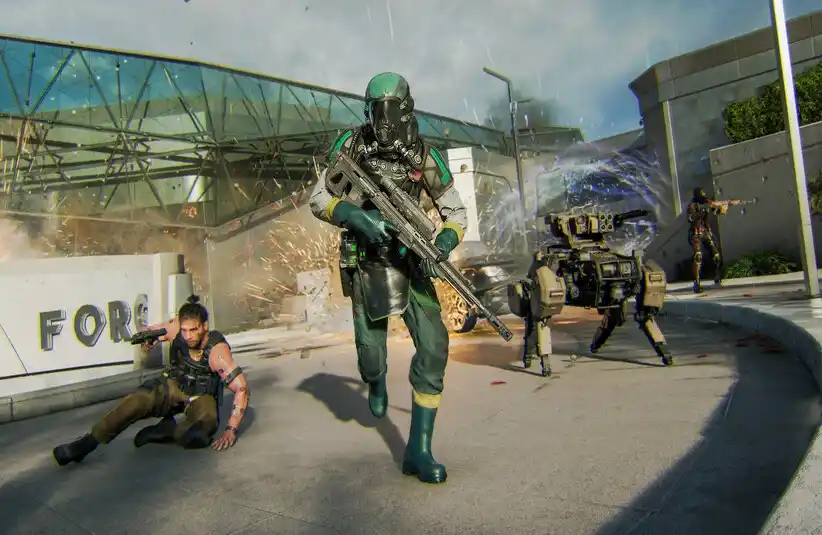 Call of Duty: Black Ops 7 multiplayer soldier wearing a green PPE suit with a rifle runs from an explosion, followed by a robotic dog. Another soldier takes cover. Intense action scene.