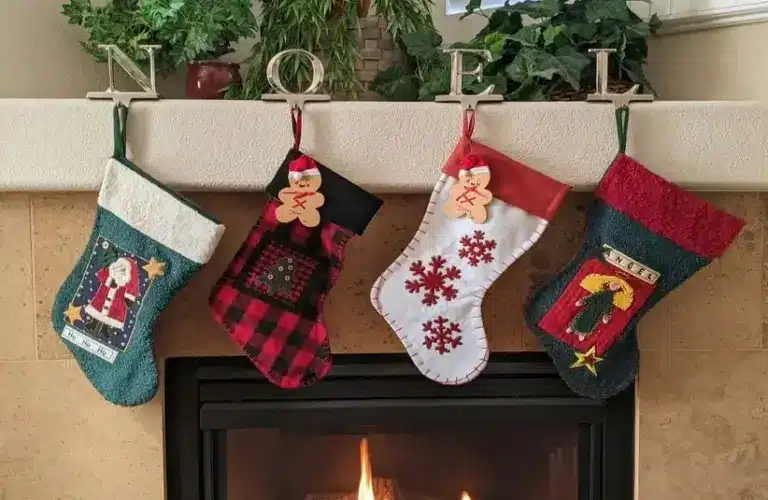 Christmas stockings hung over a fireplace, stocking stuffers