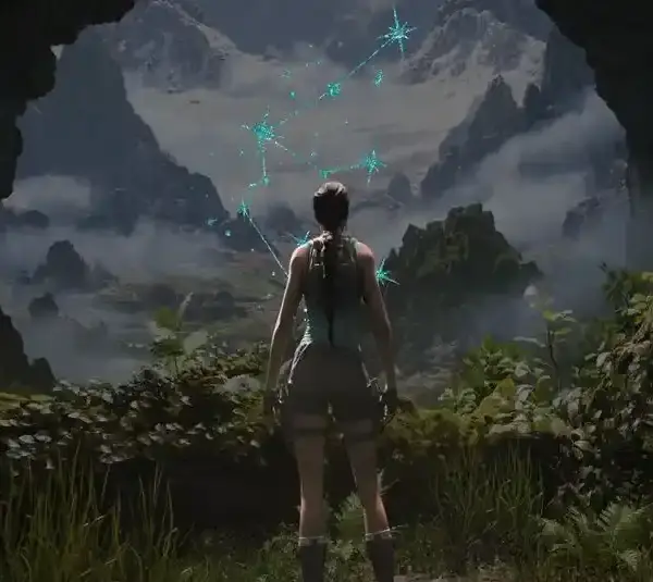 Lara Croft in Tomb Raider: Legacy of Atlantis looking to her Aquarius Zodiac Sign in the sky.