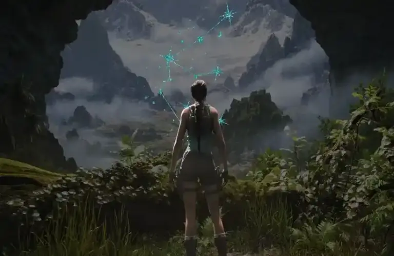 Lara Croft in Tomb Raider: Legacy of Atlantis looking to her Aquarius Zodiac Sign in the sky.
