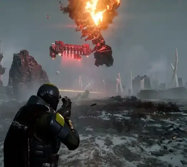 Helldivers 2 Super Earth Soldier Shooting Down enemy craft