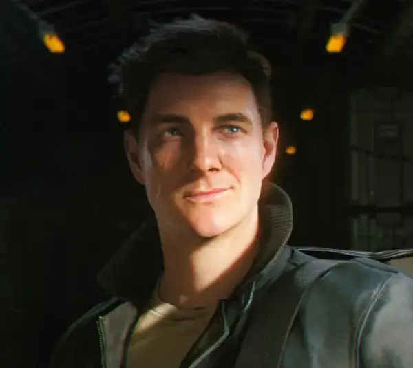 A 3D-rendered character with short dark hair smiles slightly, wearing a leather jacket in a dimly lit tunnel. Warm, soft lighting conveys a sense of adventure. 007 First Light, Courtesy of IO Interactive A/S.