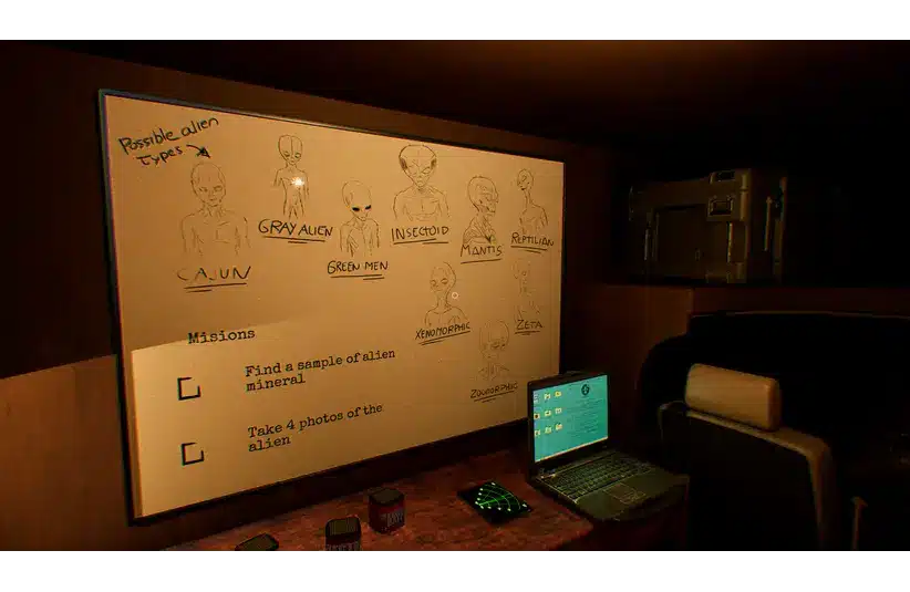 A dimly lit room displays a whiteboard with sketches of various alien types, labeled with names like "Gray Alien" and "Insectoid." Below, missions are noted. A laptop and equipment sit on a nearby table, suggesting a research setting in the video game UFOPHILIA.