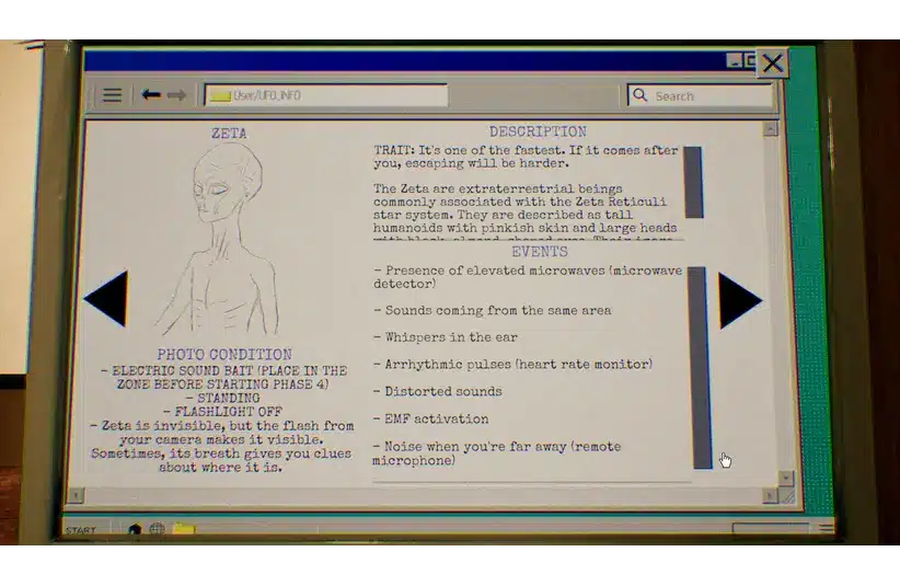An image of a computer screen displaying a digital document about "Zeta," an extraterrestrial being linked to Zeta Reticuli. It features an alien illustration on the left, with text describing traits, events, and photo conditions using a vintage computer interface. The tone is mysterious and intriguing. UFOPHILIA is a fantastic alien horror game.