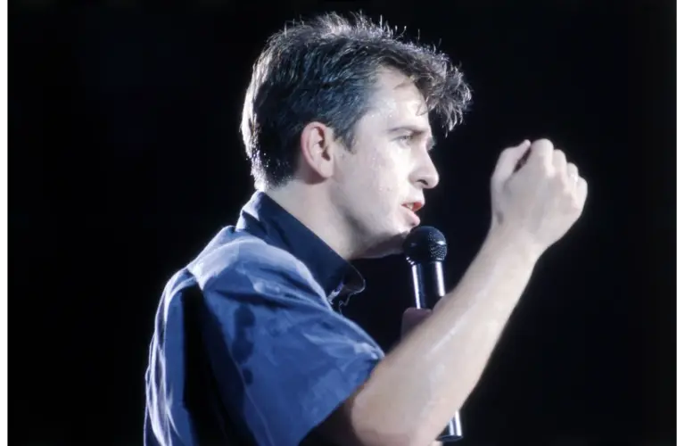 Peter Gabriel performs "Sledgehammer" at the Amnesty International benefit concert at Giants Stadium in East Rutherford, N.J., on June 15, 1986.