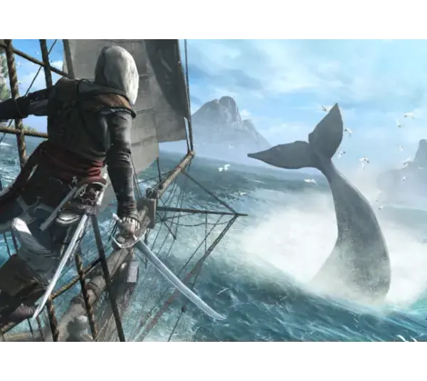 Sailor on a ship faces a whale's tail splashing dramatically in the ocean. The scene is dynamic and adventurous with a clear sky above. Black Flag Remake, Courtesy of Ubisoft and Ubisoft Montreal.