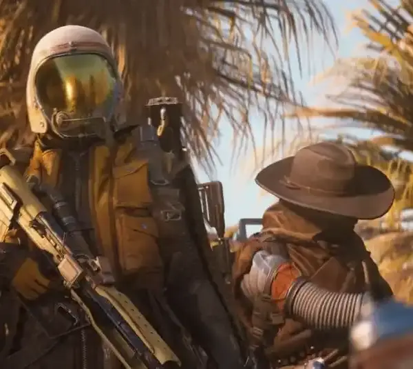 ARC Raiders two heavily armed characters in an outside setting with palm trees assessing a situation