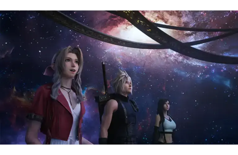 Three characters stand under a swirling, vibrant galaxy with awe. Their expressions are captivated, with cosmic colors illuminating their faces. Aerith, Cloud and Tifa from FF7 Remake, Courtesy of Square Enix