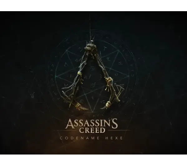 Logo for "Assassin's Creed: Codename Hexe" features a dark, mystical theme with twig-based emblem, circular symbols, and an eerie, mysterious atmosphere.