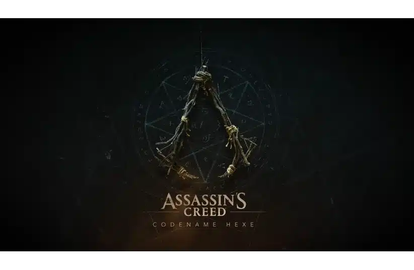 Logo for "Assassin's Creed: Codename Hexe" features a dark, mystical theme with twig-based emblem, circular symbols, and an eerie, mysterious atmosphere.