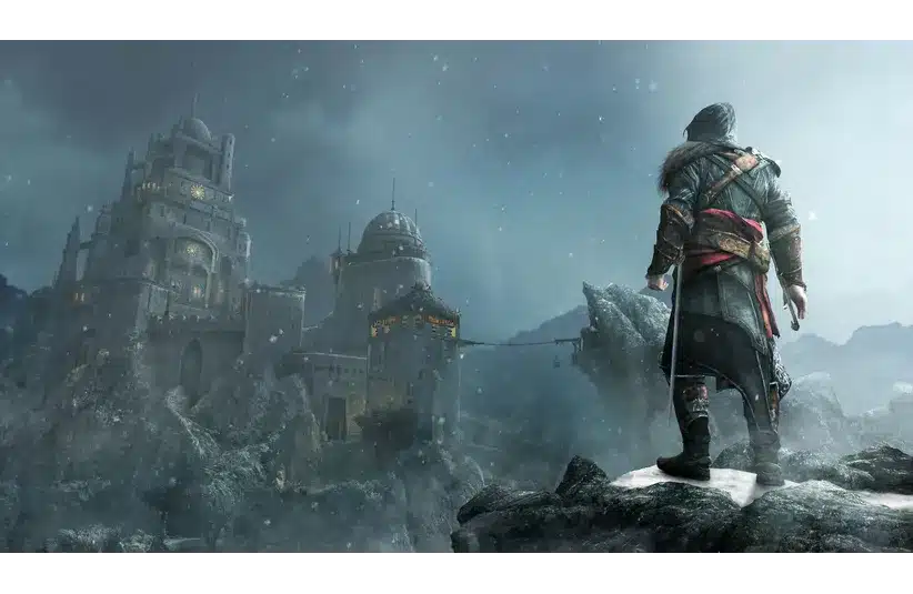A cloaked figure stands on a snowy cliff, overlooking a distant, illuminated medieval castle amidst mountainous terrain, conveying adventure and mystery. Assassin's Creed: Revelations, Courtesy of Ubisoft and Ubisoft Montreal.