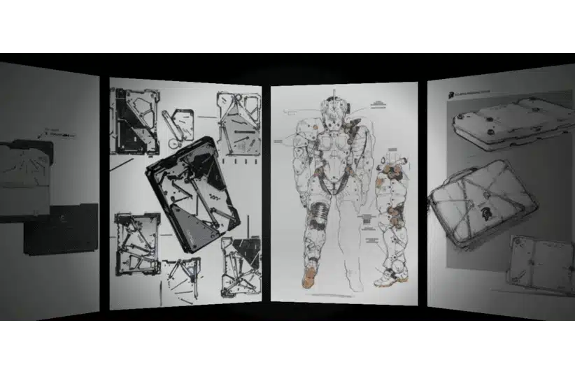 Drawing concepts of a humanoid robot and mechanical components are displayed on three panels against a dark background, conveying a futuristic theme. ASUS ROG Flow Z13-KJP concept art, courtesy of KOJIMA PRODUCTIONS Co., Ltd./HIDEO KOJIMA and ASUSTeK Computer Inc.