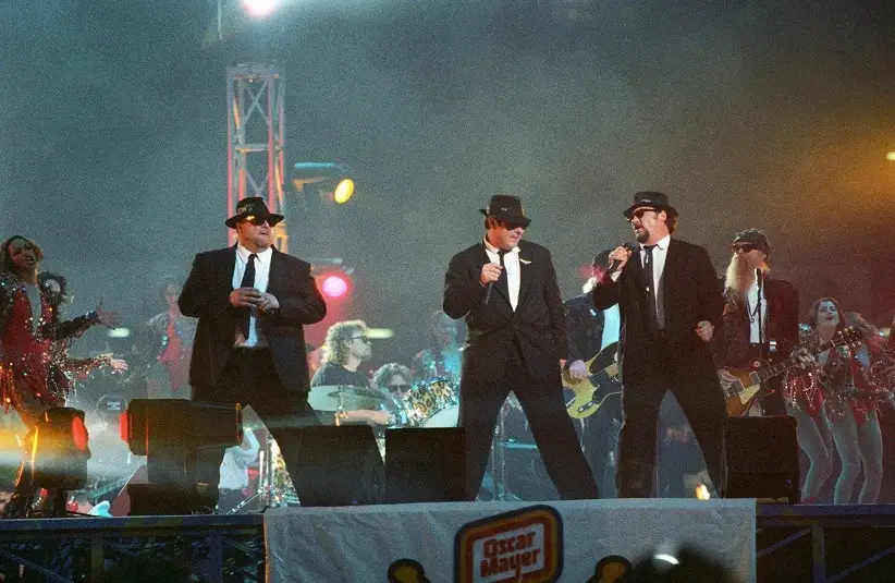 The Blues Brothers perform during the halftime show for Super Bowl XXXI at the Superdome featuring the Green Bay Packers and the New England Patriots.