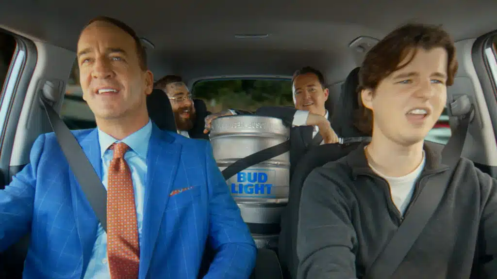 Image, of Peyton Manningg, Post Malone ,Shane Gillis and Nicholas Heffelfinger in Bud light ad , Courtesy of Hollywood Reporter