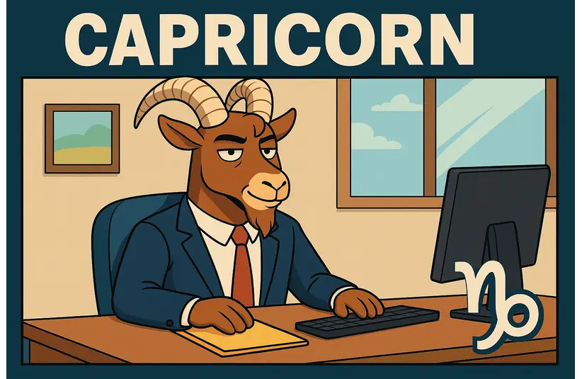 Image of anthropomorphic Capricorn sitting at a desk in an office. The word Capricorn and the zodiac symbol are present, Daily horoscope