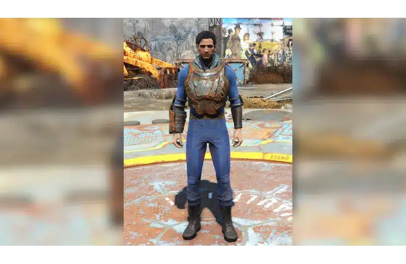 A character from Fallout 4 whereing Champion Armor stands wearing blue armor with rusted metal plating. The background features a post-apocalyptic scene with faded murals and debris.