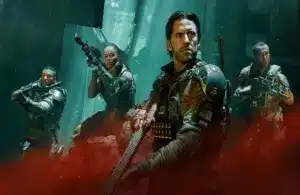 A futuristic city street battle scene in Black Ops 7 with armored soldiers. One aims a rifle, another crouches with a pistol. Neon-lit signs and debris set a tense tone.