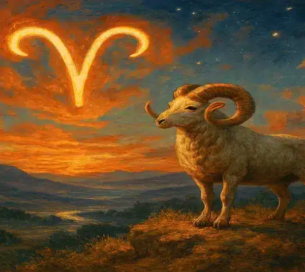 Aries represented by a ram overlooking a valley at sunrise.