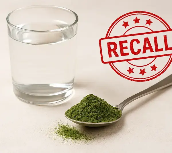 A glass of water and a spoonful of Live It Up Super Greens green powder sitting on a table. A red "RECALL" stamp overlays the scene, suggesting a warning or alert.