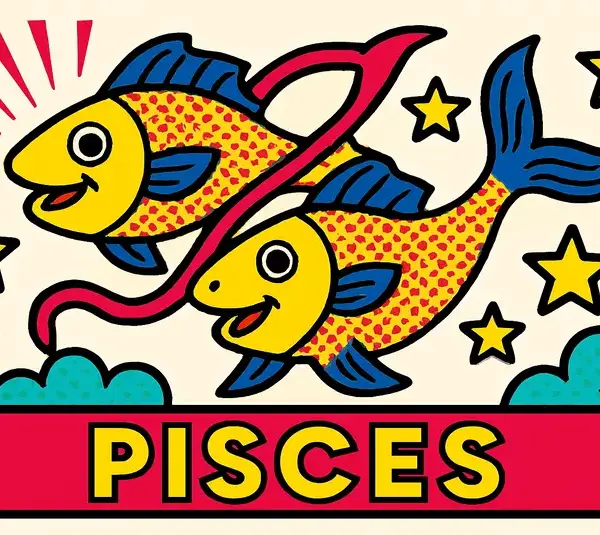 Two fish swimming in stars to represent the sign of Pisces, in pop art style.