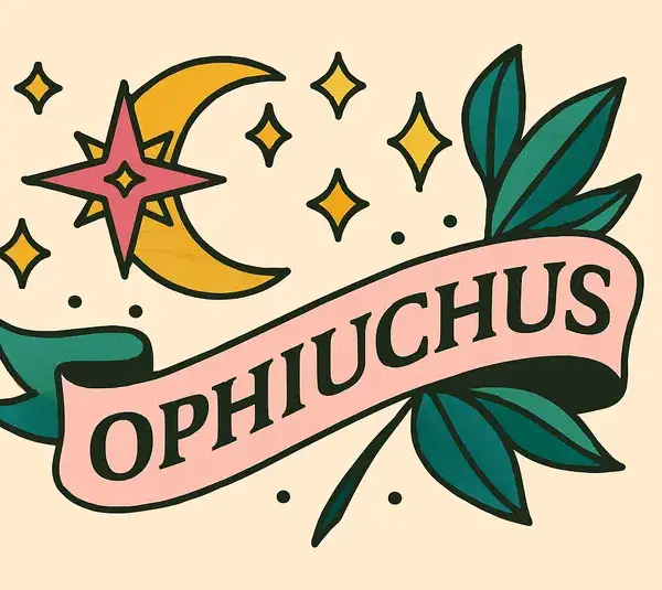 A classic tattoo style image of a crescent moon to represent the sign of Ophiuchus.