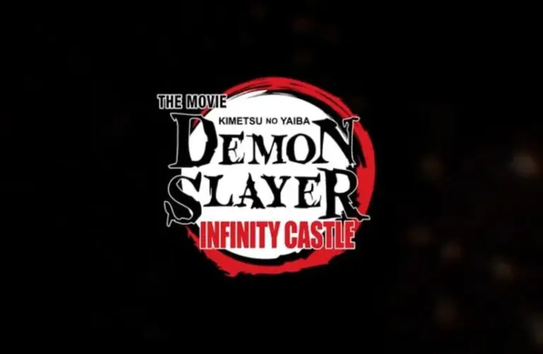 Logo for "Demon Slayer: Infinity Castle" movie. Bold white text on a dark background with a red, circular brushstroke design, conveying intensity.