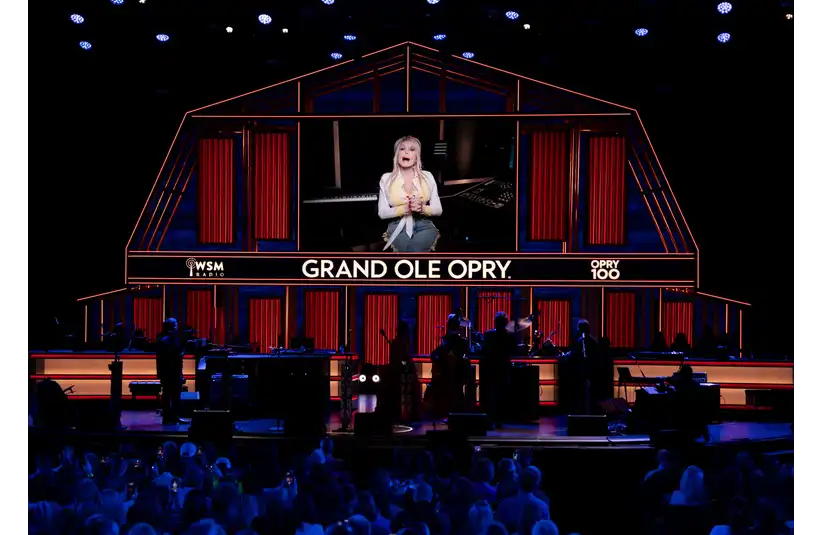 Dolly Parton offers a taped welcome to the audience before the Opry Goes Dolly at the Grand Ole Opry House in honor of Dolly Partons 80th birthday Saturday, Jan. 17, 2026.