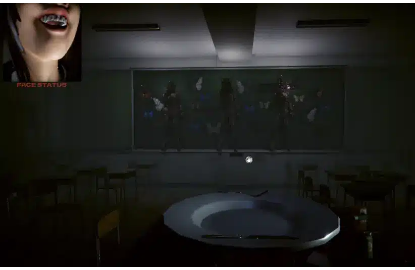 Don't Stop Smiling's Japanese classrooms with three corpses or ghosts hanging on a chalk board, hold your face and smile as you investigate