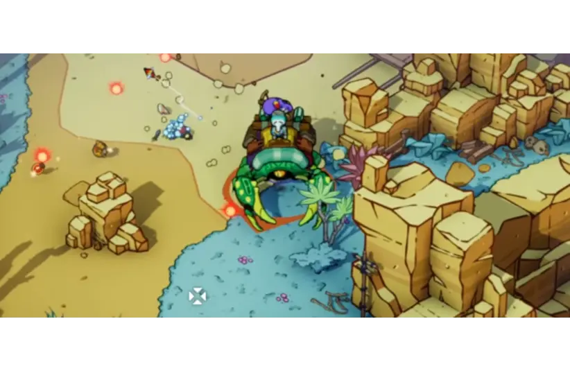 Colorful game scene with a blue-cloaked character riding a green creature amidst desert and rocky terrain. Red orbs and cacti enhance the vibrant setting. DuneCrawl, Courtesy of Alientrap.
