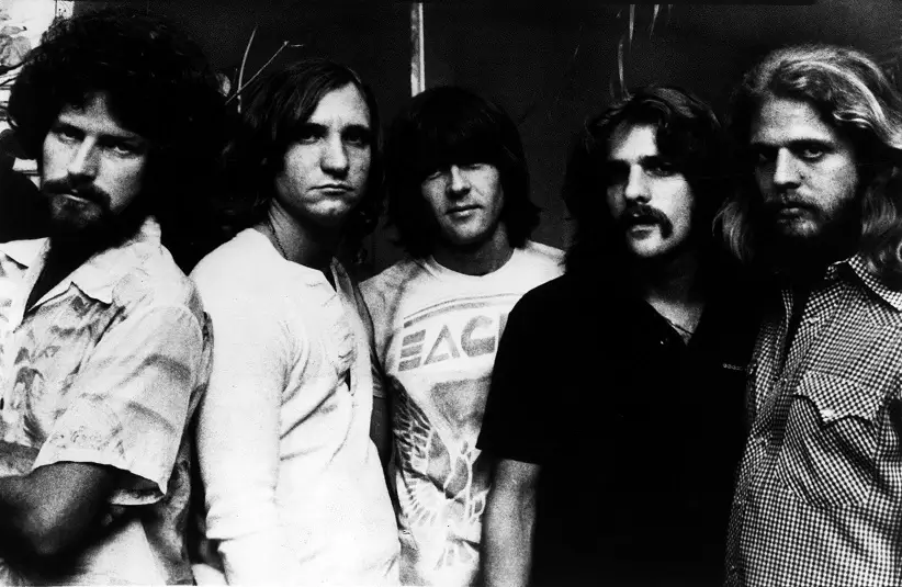 The Eagles, seen circa 1975, when they opened for the Rolling Stones at Milwaukee County Stadium: Don Henley (from left), Joe Walsh, Randy Meisner, Glenn Frey and Don Felder.