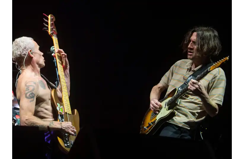 Flea and John Frusciante perform with Red Hot Chili Peppers at Bonnaroo in Manchester, Tenn., Saturday, June 15, 2024.