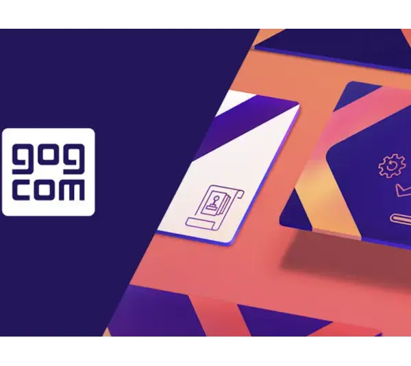 GOG.com logo on a purple background, with stylized icon cards showing a running figure and a scroll on a gradient backdrop, conveying a dynamic tech vibe. GOG.com, courtesy of GOG sp. z o. o.