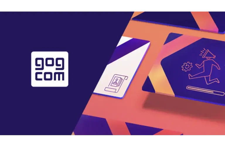 GOG.com logo on a purple background, with stylized icon cards showing a running figure and a scroll on a gradient backdrop, conveying a dynamic tech vibe. GOG.com, courtesy of GOG sp. z o. o.