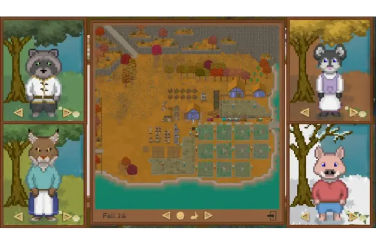 Pixel art game interface showing a detailed map with autumn colors. Four animal characters are in panels: raccoon, lynx, cat, and pig, each wearing different outfits. Grimshire, courtesy of Acute Owl Studio, LLC.